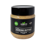 Organio unsweetened almond butter jar, authentic unprocessed preservative free spread. organic